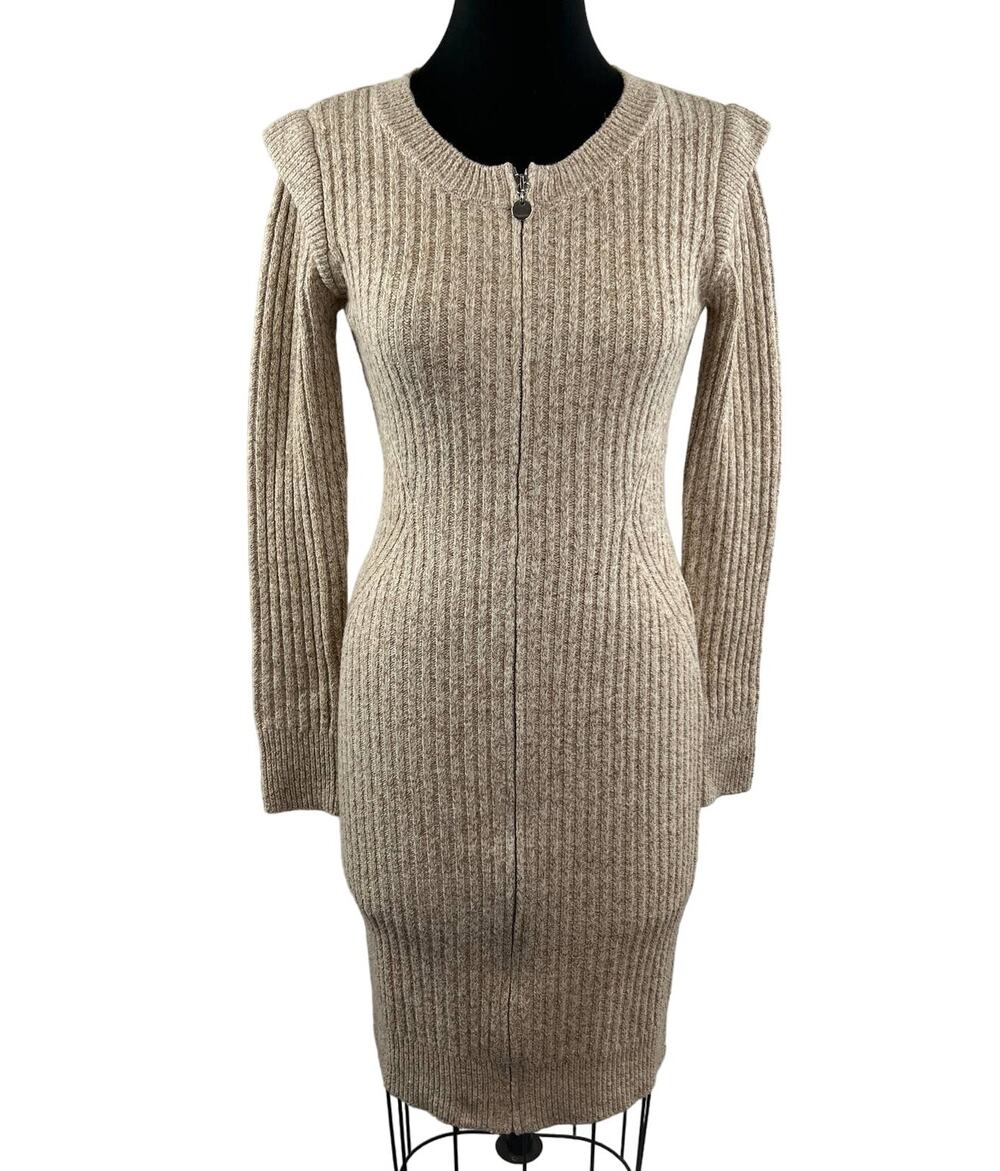 Donna Karan Tan White Marled Knit Long Sleeve Ribbed Full Zip Sweater Dress S M